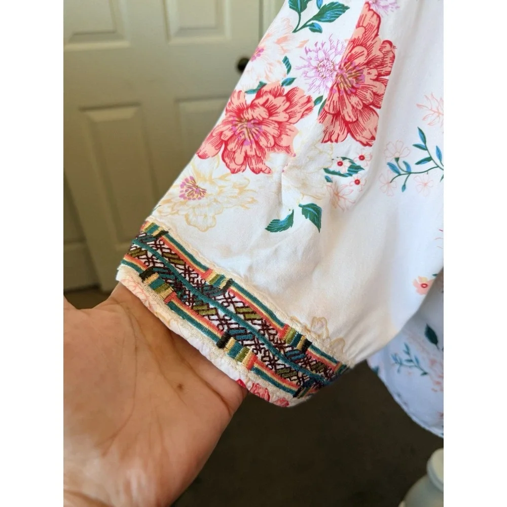 Linda Anderson Women XXL Floral Boho Peasant Blouse White Rayon Embroidered Top - Picture 5 of 16
